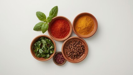 A bird's eye view of a variety of herbs and spices neatly arranged on a plain background, showcasing vibrant colors and textures, highlighting important ingredients for delicious cooking