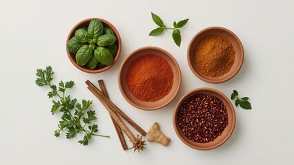 A bird's eye view of a variety of herbs and spices neatly arranged on a plain background, showcasing vibrant colors and textures, highlighting important ingredients for delicious cooking