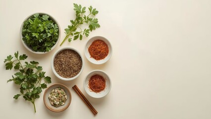 A bird's eye view of a variety of herbs and spices neatly arranged on a plain background, showcasing vibrant colors and textures, highlighting important ingredients for delicious cooking