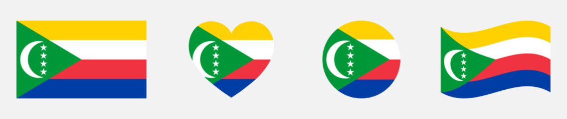 Fototapeta premium Comoros flags set in square, heart, circle and waving formats designs element. Comoros flags collection. Set of Comoros flags icons isolated on gray background. Vector illustration.