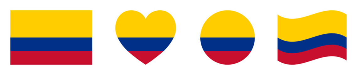 Colombia flags set in square, heart, circle and waving formats designs element. Colombia flags collection. Set of Colombian flags icons isolated on white background. Vector illustration.