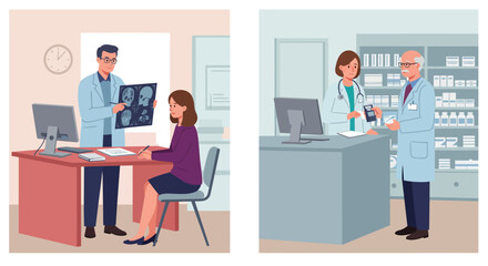 Smiling business people are in an office meeting room, talking and working at a desk with computers