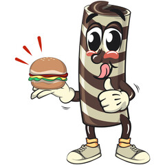 cute chocolate wafer roll mascot cartoon vector illustration carrying a burger while giving a thumbs up, funny dessert character in striped snack design for kids and food packaging, work of hand drawn