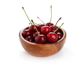 Many fresh ripe cherries in bowl isolated on white