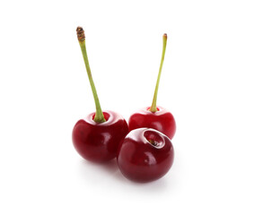 Many fresh ripe cherries isolated on white