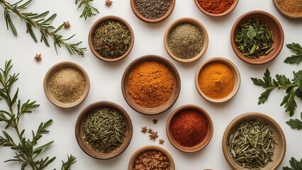 A bird's eye view of a variety of herbs and spices neatly arranged on a plain background, showcasing vibrant colors and textures, highlighting important ingredients for delicious cooking