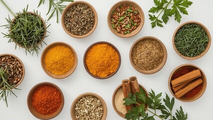 A bird's eye view of a variety of herbs and spices neatly arranged on a plain background, showcasing vibrant colors and textures, highlighting important ingredients for delicious cooking