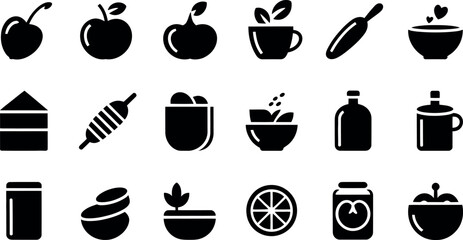 Vector food and drink icons:  minimalist black glyph style.