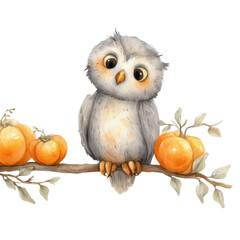Fototapeta premium Adorable Watercolor Owl with Pumpkin Branch for Halloween Celebration and Autumn Decor
