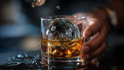 Elegant Whiskey and Ice: A close-up shot showcasing a glass of amber whiskey with a perfect spherical ice, offering a refreshing moment. - Powered by Adobe