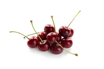 Many fresh ripe cherries isolated on white