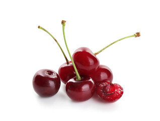 Many fresh ripe cherries isolated on white