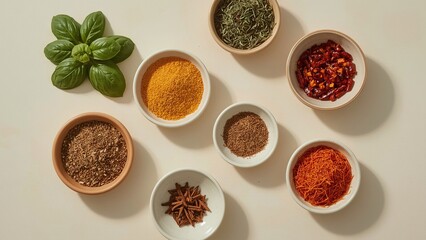 A bird's eye view of a variety of herbs and spices neatly arranged on a plain background, showcasing vibrant colors and textures, highlighting important ingredients for delicious cooking