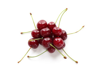 Many fresh ripe cherries isolated on white