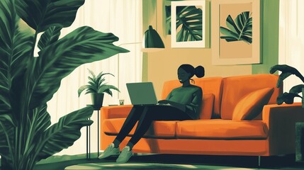 Fototapeta premium Working from home a creative workspace cozy living room digital art modern environment relaxed viewpoint productivity concept