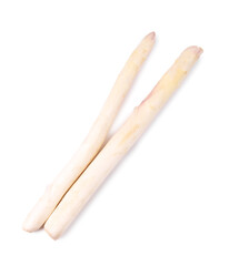 Two raw asparagus spears isolated on white, top view