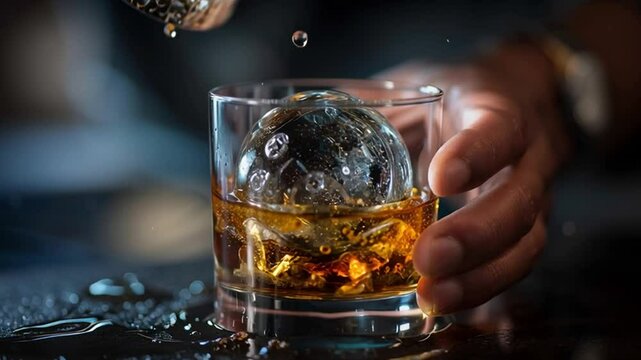 Elegant Whiskey and Ice: A close-up shot showcasing a glass of amber whiskey with a perfect spherical ice, offering a refreshing moment.