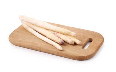 Many raw asparagus spears isolated on white