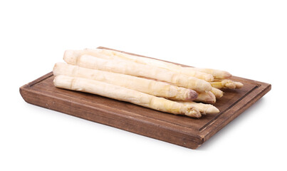 Many raw asparagus spears isolated on white