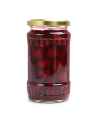 Tasty cherry jam in jar isolated on white