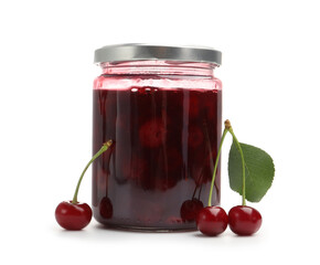 Tasty cherry jam and fresh fruits isolated on white