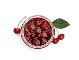 Tasty cherry jam and fresh fruits isolated on white, top view