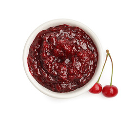 Tasty cherry jam and fresh fruits isolated on white, top view