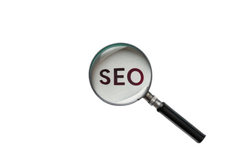 Magnifying glass over the letters seo on a white surface isolated on transparent background