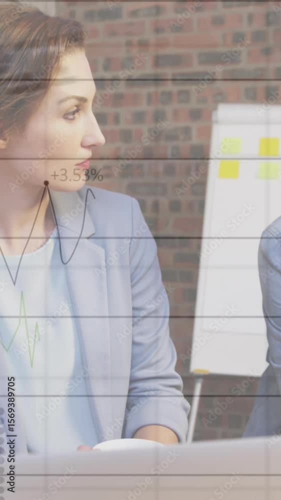 Poster animation of data processing over diverse business people using computer