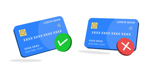 Online Payment 3D Illustration Set Featuring Isometric Credit Cards with Approval and Decline Symbols