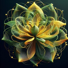 Stunning digital artworks featuring intricate, glowing flowers with wireframe petals, golden spheres, and vibrant colors against dark backgrounds. AI generated.

