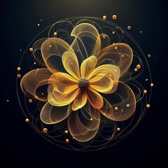 Stunning digital artworks featuring intricate, glowing flowers with wireframe petals, golden spheres, and vibrant colors against dark backgrounds. AI generated.
