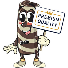 cute chocolate wafer roll mascot cartoon vector illustration with a sign that says premium quality, funny dessert character in striped snack design for kids and food packaging, work of hand drawn