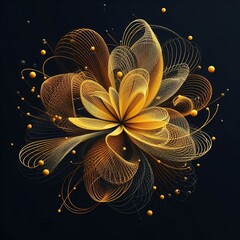 Stunning digital artworks featuring intricate, glowing flowers with wireframe petals, golden spheres, and vibrant colors against dark backgrounds. AI generated.
