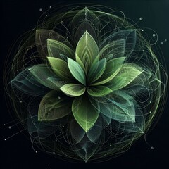 Stunning digital artworks featuring intricate, glowing flowers with wireframe petals, golden spheres, and vibrant colors against dark backgrounds. AI generated.
