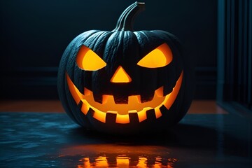 Spooky Glowing Jack-o'-Lantern in Dark Room with Reflective Surface – Halloween Horror Art