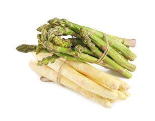 Many raw asparagus spears isolated on white