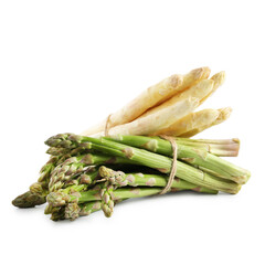 Many raw asparagus spears isolated on white