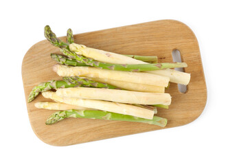 Different raw asparagus spears isolated on white, top view
