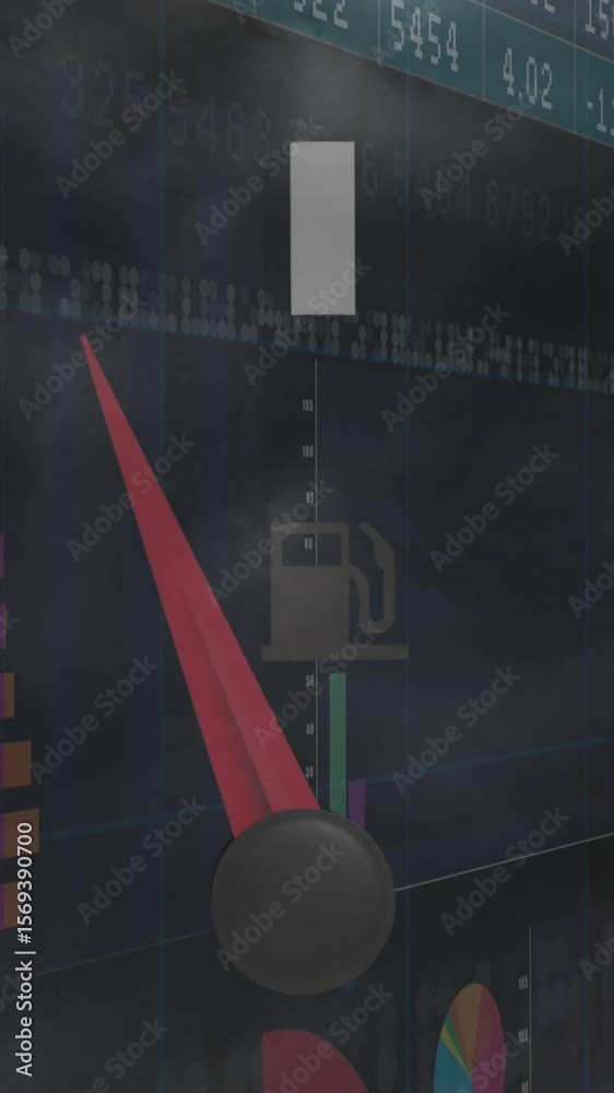 Poster animation of speedometer and statistical data processing against dark clouds in the sky