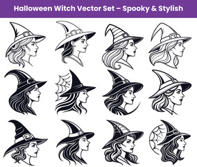 Halloween Witch Silhouettes Set of Stylish Female Profiles with Witch Hats