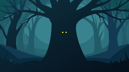 Shadowy figure with glowing eyes hiding behind a spooky ancient tree at night