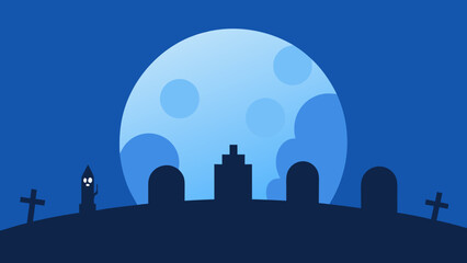 Silhouetted tombstones against a giant hazy blue moon in a spooky graveyard