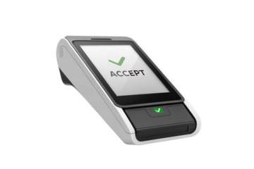 Modern payment terminal with accept screen and green checkmark isolated on transparent background