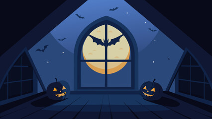 Interior of a spooky attic with a large arched window revealing a full moon