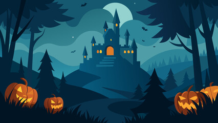 Haunted castle in the distant background seen from a dark spooky forest road