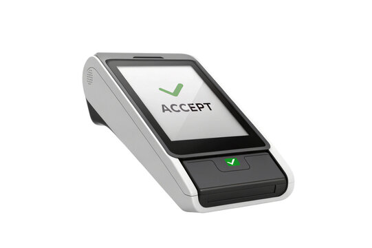 Modern payment terminal with accept screen and green checkmark isolated on transparent background