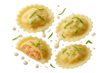 Four gourmet ravioli with seafood filling floating, isolated on transparent background.