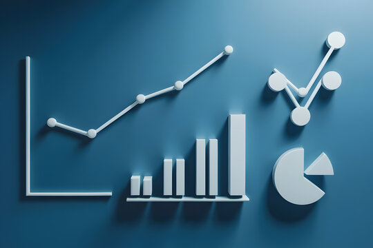 Simple data charts and graphs on a blue backdrop, minimal and professional design. Data analysis concept.