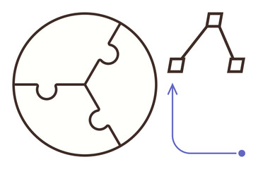 Puzzle-shaped globe symbolizing unity and teamwork next to a connected triangular structure and arrow. Ideal for collaboration, networking, problem-solving, strategy, global connection, teamwork